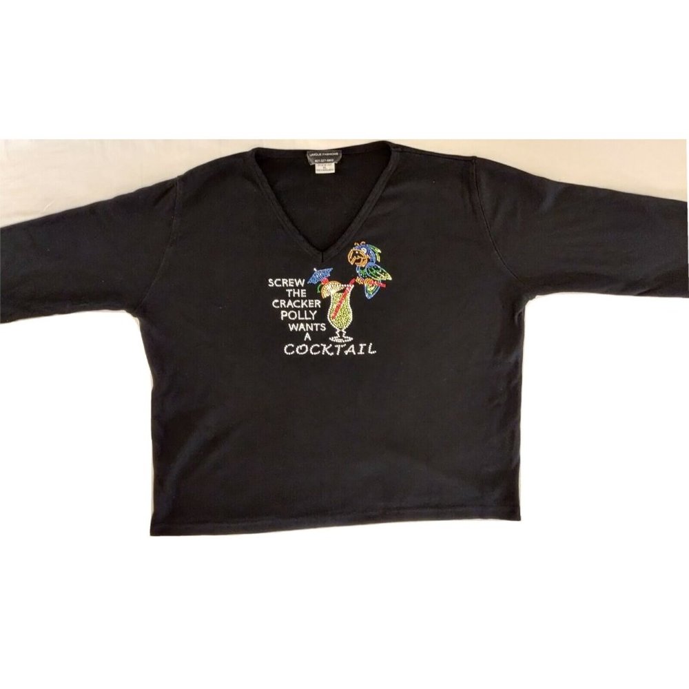 Women's "Screw The Cracker Polly Wants A Cocktail" Blingy Beaded V Neck XL Top